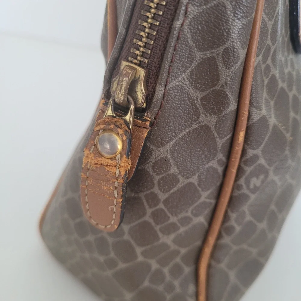 Nina Ricci Vintage‎ Brown Textured Satchel Bag Top Handle Logo Print Handbag